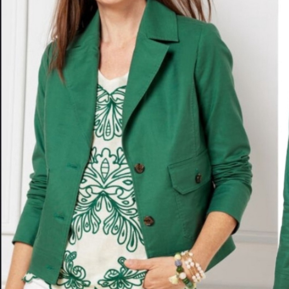 Talbots Crop‎ Blazer Notch Collar 3-Button Patch Pockets Kelly Green 6